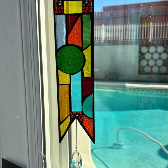 Stained glass sun catcher hanging w/large crystal Handmade in USA - Great gift - Picture 6 of 10
